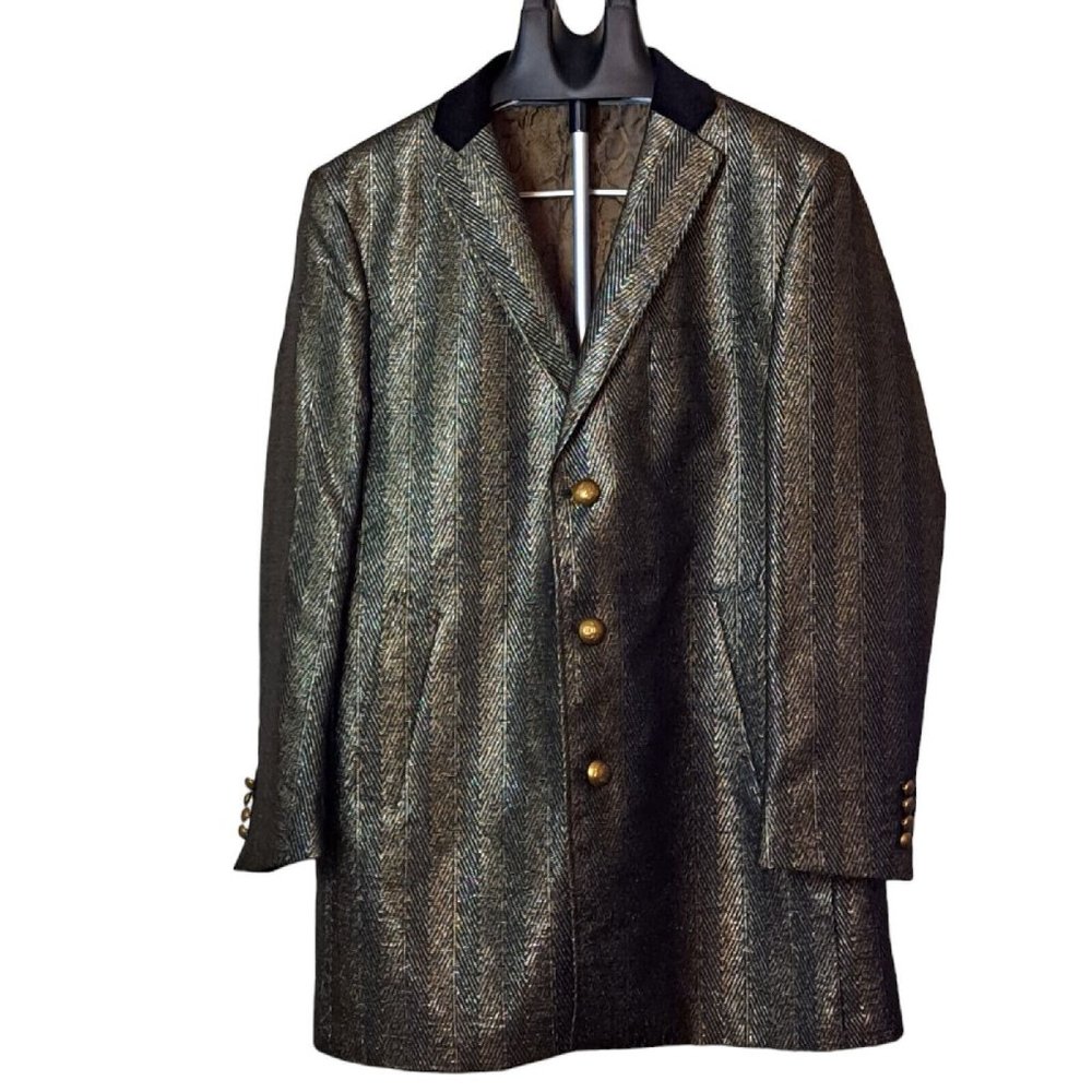 Tallia Sport Coat Men's Large Metallic Gold Black Chevron Print Velvet Collar
